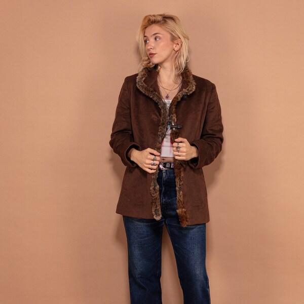 Manteau en laine mélangée, taille petit S, vintage pour femme des années 70, manteau bordé de vraie fourrure, caban boutonné, pardessus, mode rétro, manteau en laine marron