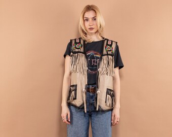 Chaleco de cuero con flecos estilo años 90, ropa motera del suroeste, talla XL