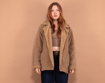 90s Vintage Brown Sherpa Biker Jacket, Teddy Bear Coat, Size XL