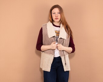 90s Vintage Faux Sheepskin Sherpa Vest, Boho Gilet, Women's Size M