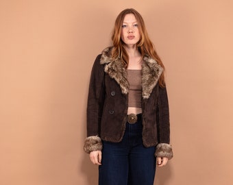 Y2K Faux Shearling Jacket, Size S Small, Brown Faux Suede Sherpa Jacket, Casual Short Jacket, Sherpa Button Up Jacket, Women 00's Clothing