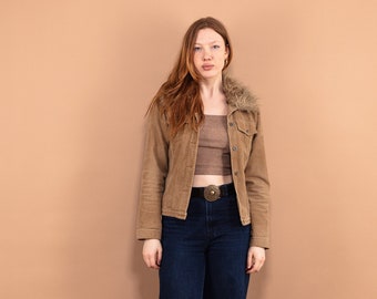 Vintage Beige Y2K Corduroy Jacket, Sherpa Trim, Size S