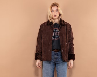 Suede Trucker Jacket, Size L, 90's Vintage Suede Jacket, Womens Clothing, Suede Sherpa Jacket, Faux Shearling Jacket, Mid Century Modern