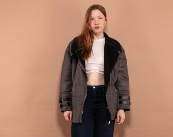 Abrigo vintage gris de piel sintética de oveja, estilo afgano Sherpa, talla L