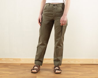 70s Military Pants women fatigues khaki green cargo trousers pleated army pants high waist straight leg utility pants size small