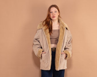 90s Vintage Beige Suede Sherpa Coat, Penny Lane Style, Size XL