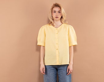 Top de lino amarillo, talla L, blusa de mezcla de lino, camisa de lino suelta, top de manga corta abullonada, ropa de lino, top vintage, top Cottagecore