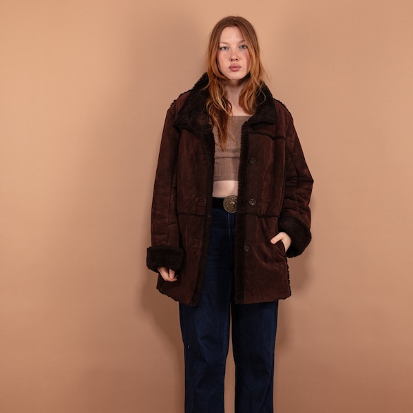 Faux Shearling Coat 90s, Size XL Brown Faux Sheepskin Coat, Sherpa Trim Afghan Coat,  Cruelty Free Coat, Vintage Y2K Outerwear, Pre Owned