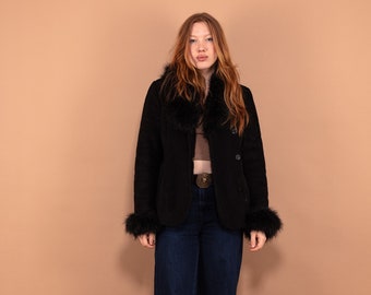 Faux Penny Lane Jacket 90s, Size S, Black Faux Shearling Jacket, Faux Fur Afghan Jacket,  Cruelty Free Jacket, Sustainable Vintage Clothing