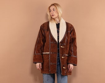 Oversized Suede Sherpa Coat 90's, Size L Large, Vintage Women Button Up Suede Coat, Faux Shearling Coat, Boho Western Style Outerwear