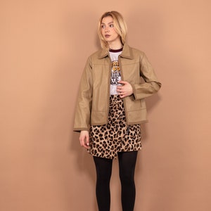 Y2K Faux Leather Jacket, Size Small Beige Faux Sheepskin Jacket, Leather Sherpa Fleece Jacket,  Cruelty Free Clothing, Y2K Sherpa Jacket