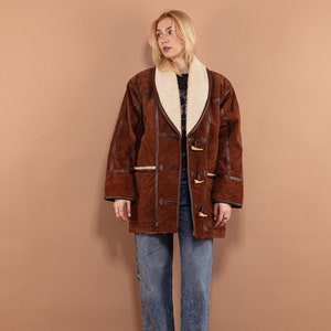 Oversized Suede Sherpa Coat 90's, Size L Large, Vintage Women Button Up Suede Coat, Faux Shearling Coat, Boho Western Style Outerwear image 1