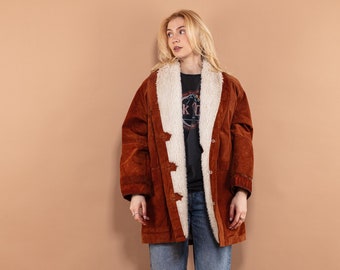 Oversized Suede Sherpa Coat 90's, Size L/XL Large, Vintage Women Button Up Suede Coat, Faux Shearling Coat, Boho Western Style Outerwear