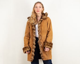 90s Vintage DENNIS BASSO Suede Leather Coat, Faux Shearling Hooded Coat, Size L