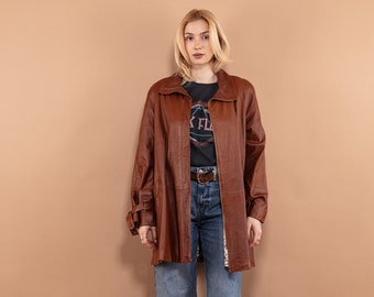 90's Brown Leather Coat, Size Large L Leather Coat, Retro Leather Coat, Oversized Leather Coat,  80s Causal Outerwear, NorthernGirlStore