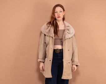 Oversized Sheepskin Coat 80s, Size XL, Shearling Suede Coat, Western Style Sheepskin Overcoat, Vintage Outerwear, Sustainable Clothing