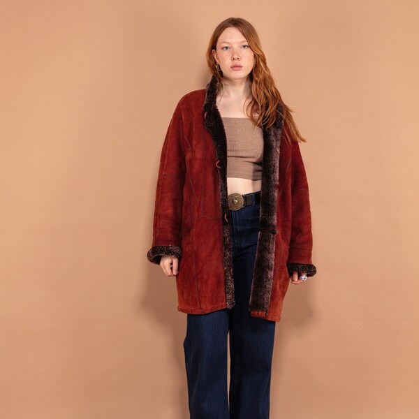 Oversized Sheepskin Coat 80s, Size L, Orange Brown Shearling Coat, Western Boho Sheepskin Overcoat, Vintage Outerwear, Sustainable Clothing