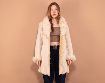 White Penny Lane Coat 90's, Size M Medium, Y2K Afghan Coat, Faux Fur Trim Sherpa Coat, Longline Boho Jacket, White Outerwear, Hippie Clothes