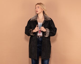 90s Black Sheepskin Leather Coat, Size XL, Vintage 90's Style Winter Coat, Women Casual Coat, Oversized Outerwear, Button Up Shearling Coat