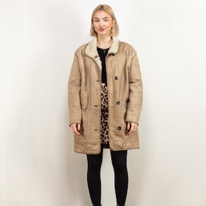 Beige Shearling Coat vintage 90's women genuine sheepskin patchwork shearl winter overcoat comfortable everyday midi boho coat size large image 1