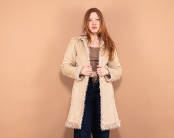 Faux Sheepskin Coat 90's, Size M/L Beige Sherpa Lined Coat, Y2K Vegan Coat, Lightweight Coat, Cruelty Free Coat, Spring Outerwear