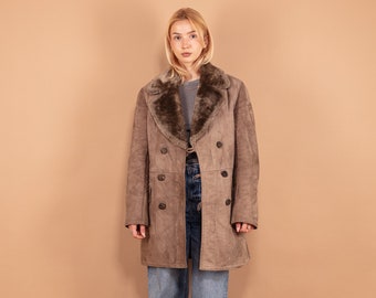 Manteau vintage des années 70 en daim et peau de mouton retournée beige, peau de mouton, taille L