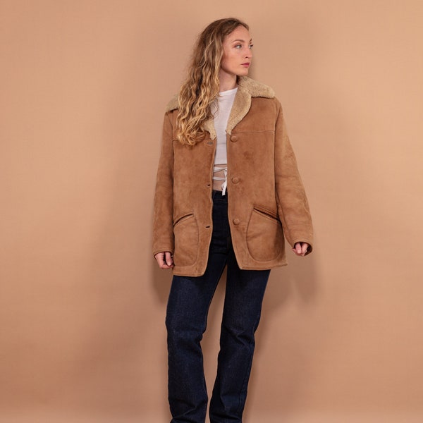 Sheepskin Suede Coat 70's, Size Large, Women Light Brown Winter Suede Coat, Vintage Short Sheepskin Coat, Western Style Outerwear