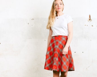80s Vintage Skater Skirt . Checked High Waist Skirt Casual A-Line Skirt Summer Skirt Plaid Orange Skirt Flared Knee Length Skirt. size Small
