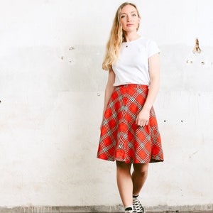 80s Vintage Skater Skirt . Checked High Waist Skirt Casual A-Line Skirt Summer Skirt Plaid Orange Skirt Flared Knee Length Skirt. size Small image 1