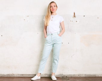 Jaren '90 Pastelblauwe katoenen broek. Geruite geruite broek Vintage sigarettenbroek Casual lichte zomerbroek Stretchbroek. kleine maat