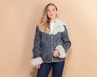 70s Penny Lane Sheepskin Jacket, Size S Small, Sheep Fur Trim Jacket, Vintage Gray Suede Jacket, Vintage Shearling Jacket, Boho Outerwear