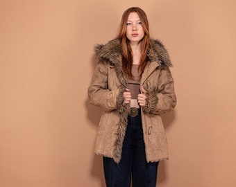 Faux Sheepskin Coat 00's, Size L Large, Vintage Brown Coat, Penny Lane Coat, Afghan Coat, Boho Hippie Coat, Almost Famous Coat, Vegan Suede