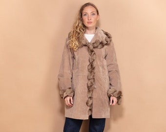 Suede Sherpa Coat 90s, Size Large, Beige Faux Fur Suede Coat, Penny Lane Coat, Western Boho Overcoat, Vintage Outerwear, Retro Coat