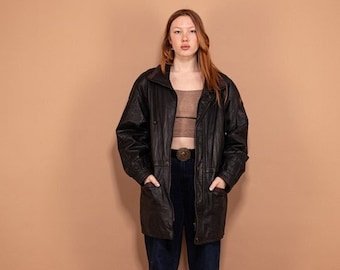 Vintage Leather Parka Coat 80s, Size XL Extra Large, Black Retro Leather Coat, 80&#39;s Womens Clothing, Longline Leather Jacket, Leatherwear