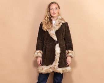 Penny Lane Schapenvachtjas jaren '70, Maat Kleine S Shearling Suede Jas, Boho Style Overjas, Vintage Dames Bovenkleding, Blauwe Bontjas, Tijdloos