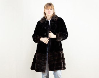 90s Vintage Black Faux Fur Coat, Winter Overcoat, Size S