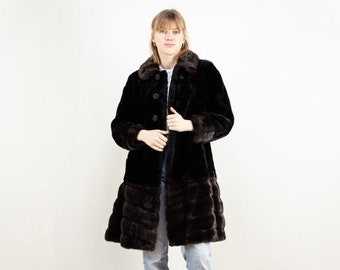 Faux Fur Coat 90s, Size Small S, Vintage Women Coat, Feminine Winter Overcoat, Oversized Black Coat, Vegan Fur Coat, Womens Clothing