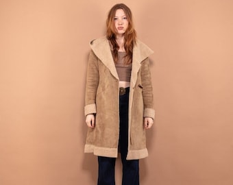 Penny Lane Sherpa Coat 90s, Size Small S Suede Coat, Boho Style Beige Overcoat, Vintage Outerwear, Beige Hooded Coat, Womens Clothing