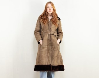 Oversized 70's Shearling Coat, Size Medium M, Vintage Women Sheepskin Winter Coat, Brown Leather Coat, 70s Sheep Outerwear, Penny Lane Coat