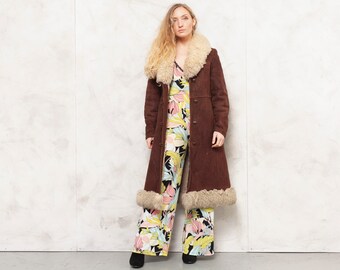 winter designer hippie urban orange 1970s Vintage Retro Hooded Coat....swishy tan rocker fashion 70s hipster 60s fall fancy