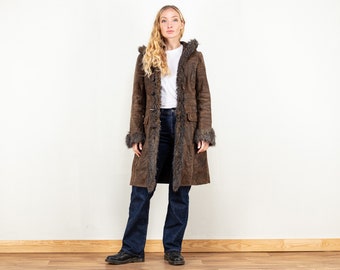 Penny Lane Coat vintage 00's hooded sheepskin coat brown winter patchwork suede sherpa toggle buttons coat vintage outwear size medium M