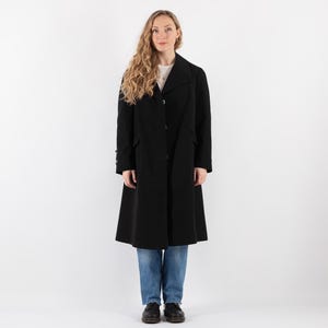 70&#39;s Black Trench Coat, Size M Vintage Trench Coat, Double Breasted Office Coat, Commuter Wear, Retro Trench,  Academia Minimalist Wear