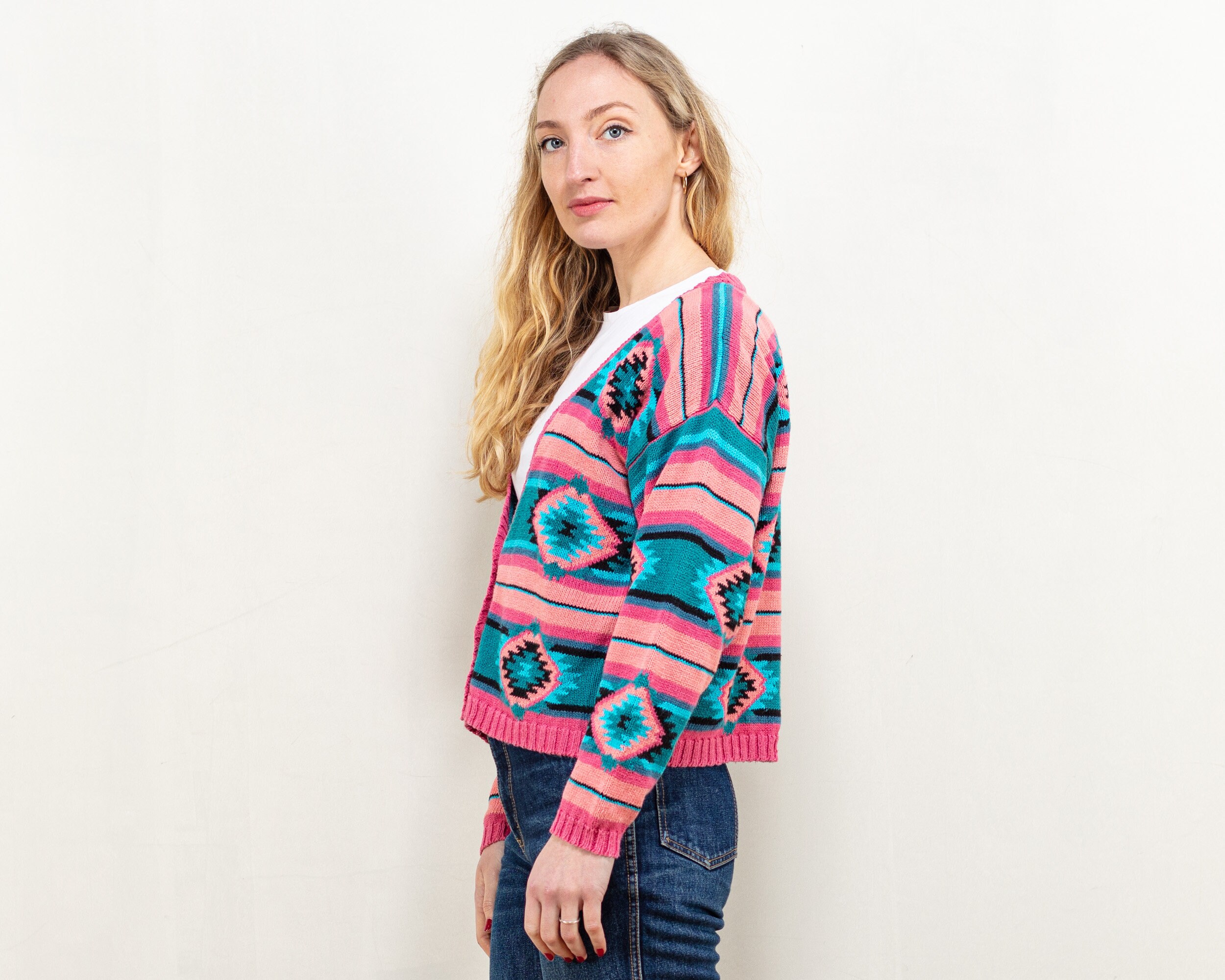 Southwestern Style Cardigan Vintage 90 s Pink Patterned Cotton