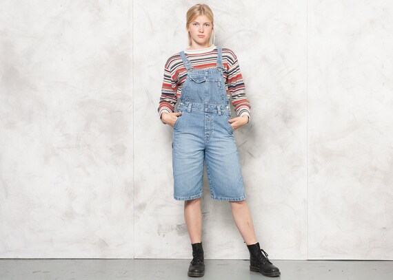 90s Blue Denim Overall Shorts . Vintage Light Wash