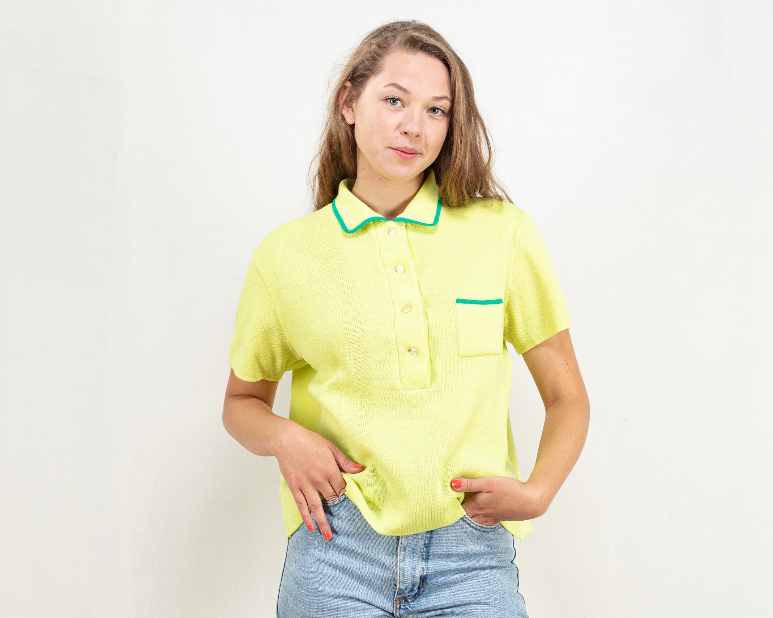 Lime Green Polo Shirt Women Vintage 70 