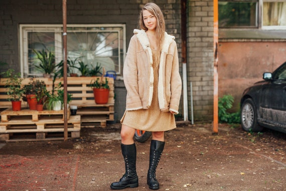 80s Hooded Sheepskin Jacket Beige Suede Jacket Sue