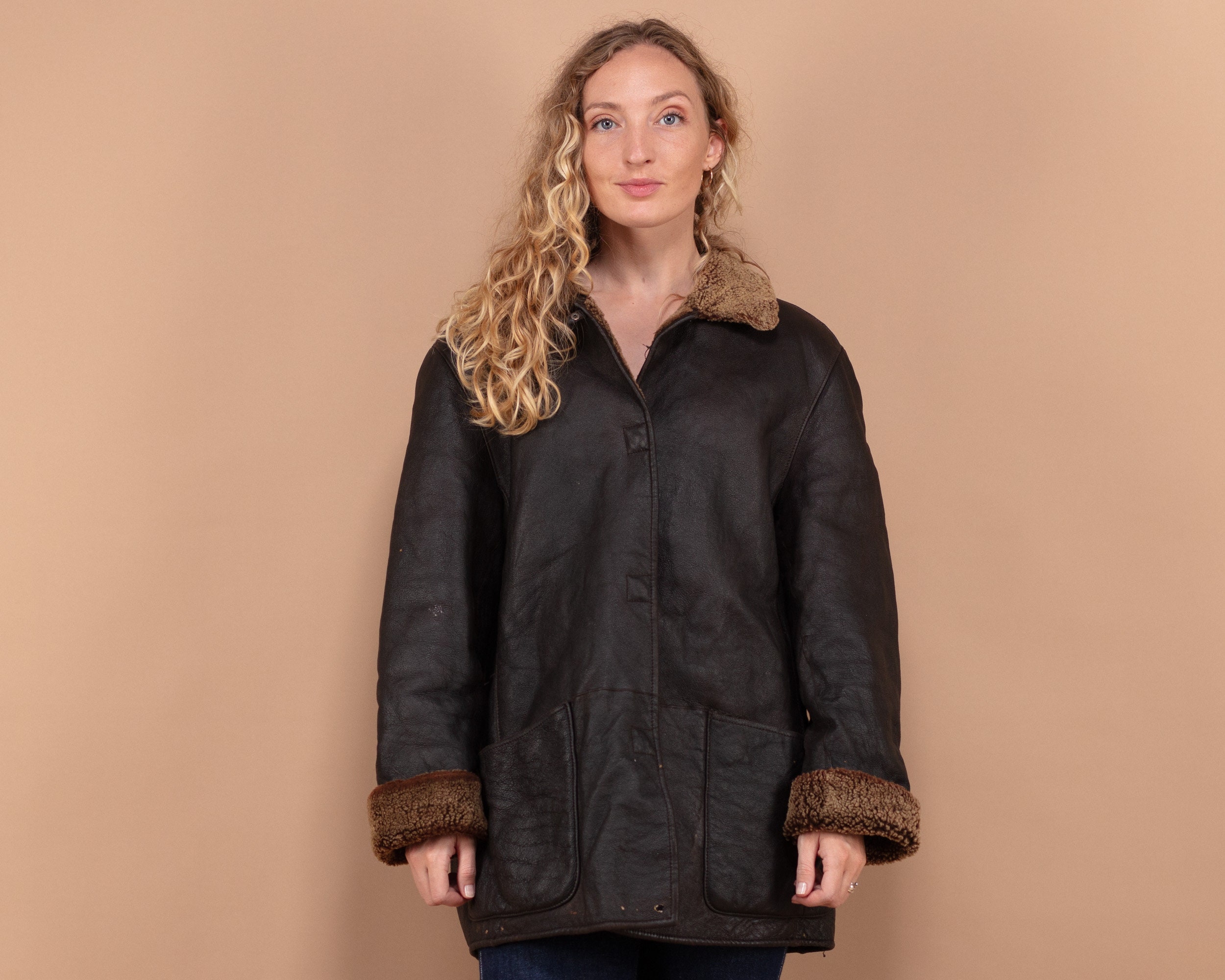 Shearling Leather Coat 90s, Size Large Shearling Wool Coat Shearling Leather Coat 90s, Size Large Shearling Wool Coat
