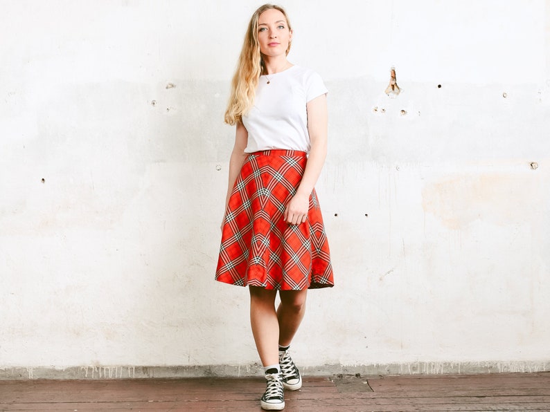 80s Vintage Skater Skirt . Checked High Waist Skirt Casual A-Line Skirt Summer Skirt Plaid Orange Skirt Flared Knee Length Skirt. size Small image 1