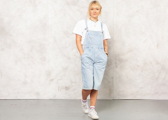 90s Denim Overall Shorts . Vintage Light Wash Deni