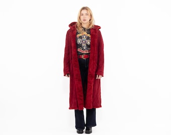 Vintage Red Faux Shearling Coat Women’s XL  Long Hooded Faux Sheepskin Coat 90s Boho Winter Coat